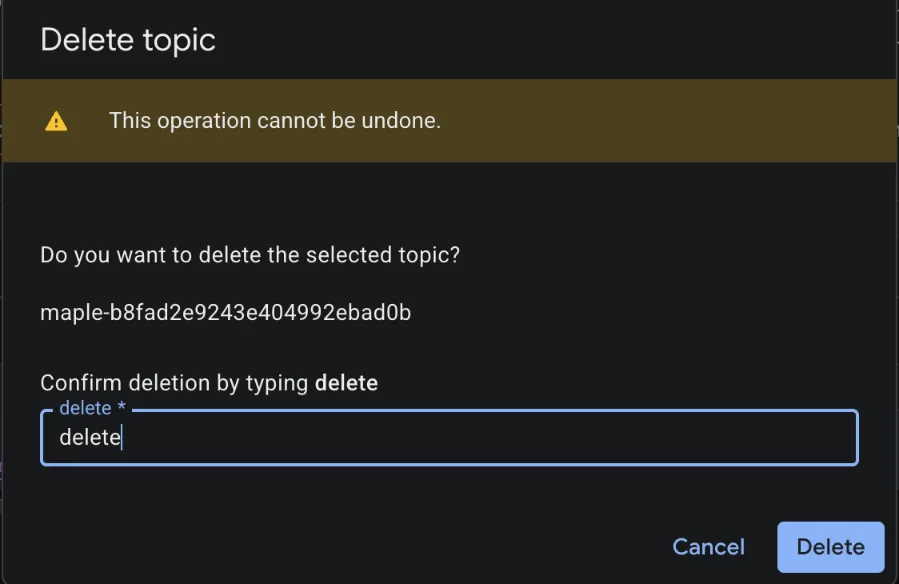 The Delete topic modal, with delete typed into the confirmation box.